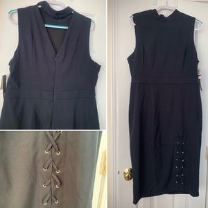 Sleeveless 3/4 Length Dress Lace Up Slit, Zip back